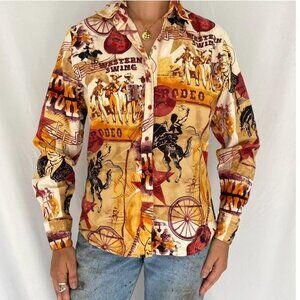 90s vintage panhandle western cowboy rodeo graphic music print button up shirt